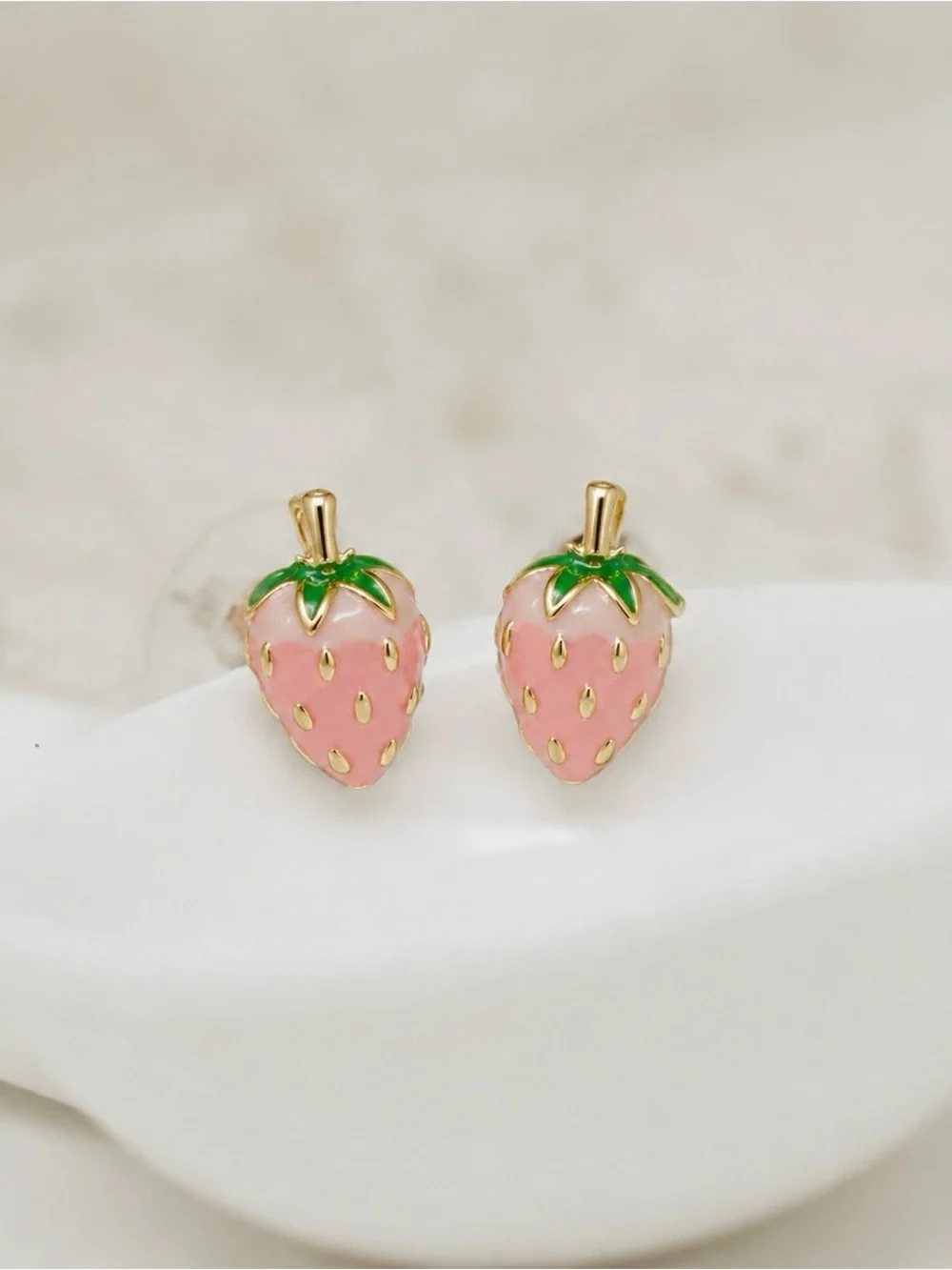 “Pink Strawberry” Juicy Yummy Fruit Fruity Bumpy Seeds Kawaii Dainty Gold Studs - Picture 4 of 7